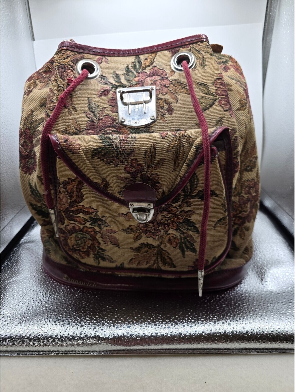 Vintage Buxton Floral Tapestry Backpack Cooler Lunch Bag Burgundy Leather Trim